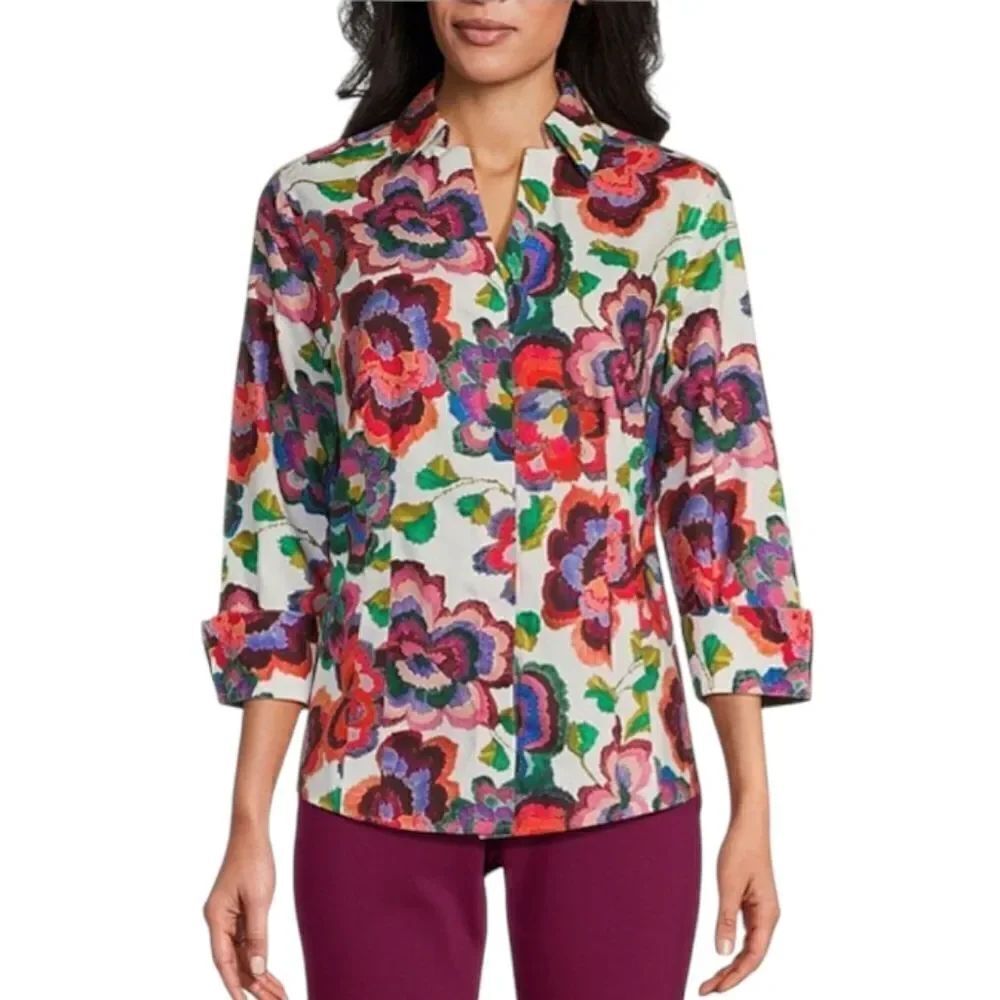 Investments Gold Label Non-Iron Brushed Floral 3/4 Sleeve ButtonโDown Shirt Top